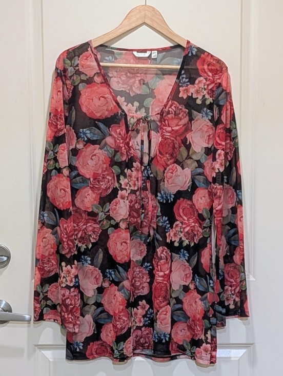 La Vie En Rose Other - EUC La Vie En Rose Aqua M Sheer Black and Pink Rose Print Beach Dress